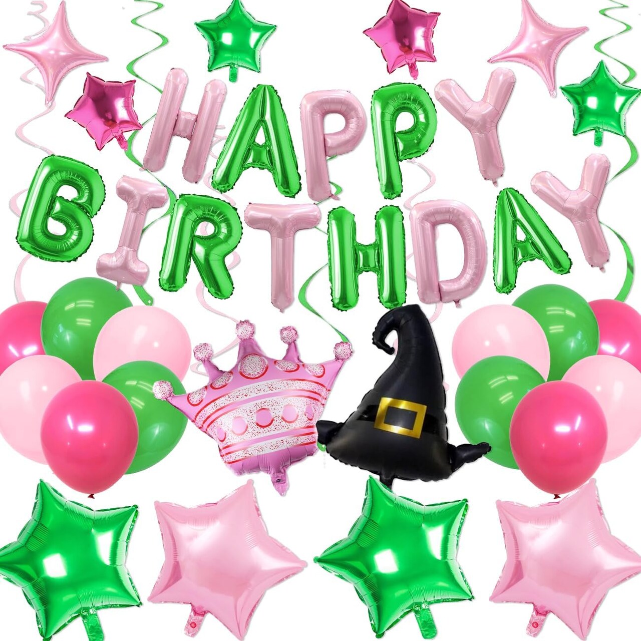 Pink and Green Birthday Decoration Happy Birthday Balloons Sets Princess and Witch Themed Party Decorations Enchanted Party Supplies